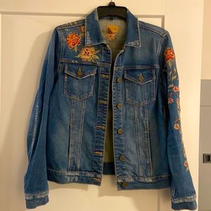 Floral embroidered distressed denim jacket